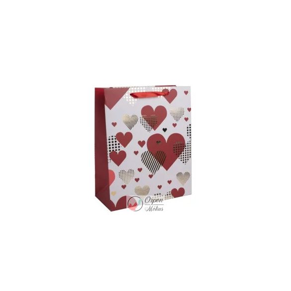 Ajándéktasak: Valentin napi -  piros, arany szívek - 18x23cm