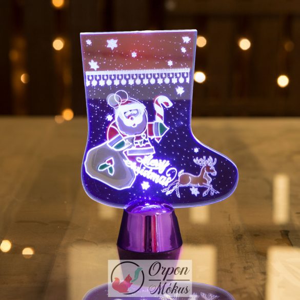 Karácsonyi asztali LED dekor fényes talppal: csizma, lila, 15 cm