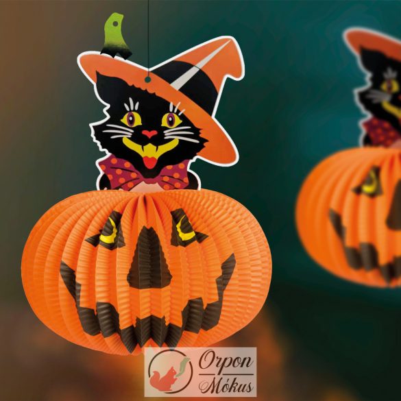 Halloween-i tökös lampion  macskával: akasztható - 26 cm