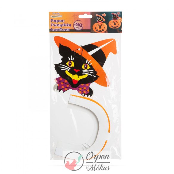 Halloween-i tökös lampion  macskával: akasztható - 26 cm