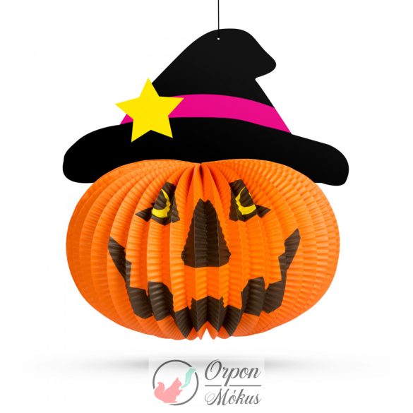 Halloween-i tökös lampion kalapban: akasztható - 26 cm