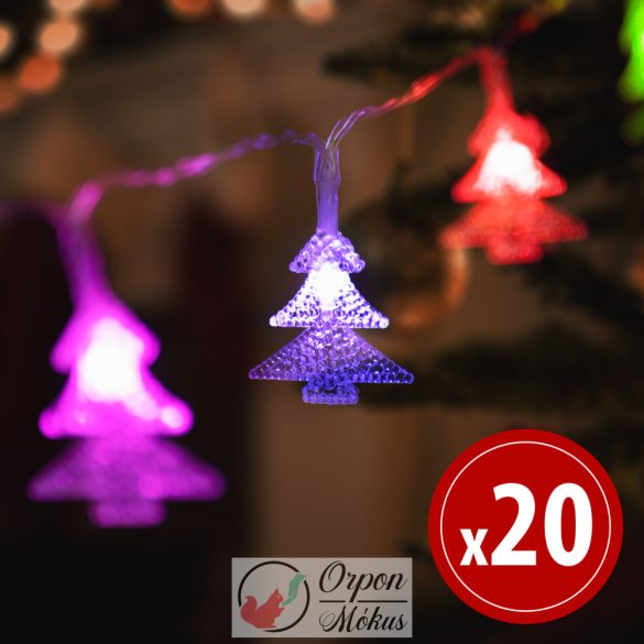 LED fényfüzér: színes fenyőfa,20 LED - 2,3 méter - 3 x AA