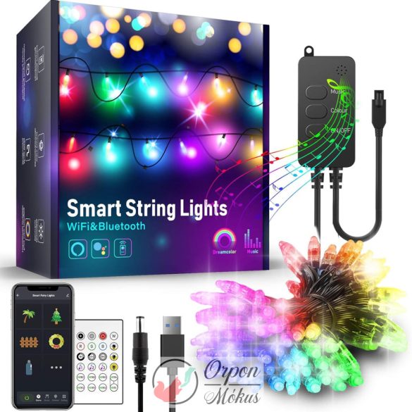 Smart fényfüzér, USB: 50 RGB LED - 5 m - Wi-Fi, Bluetooth