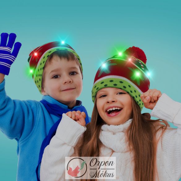 Karácsonyi sapka: színes LED-ekkel, bojttal, elemes - zöld