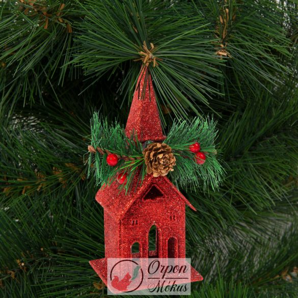 Karácsonyi glitteres templom akasztóval piros - 16 x 6,5 cm - piros