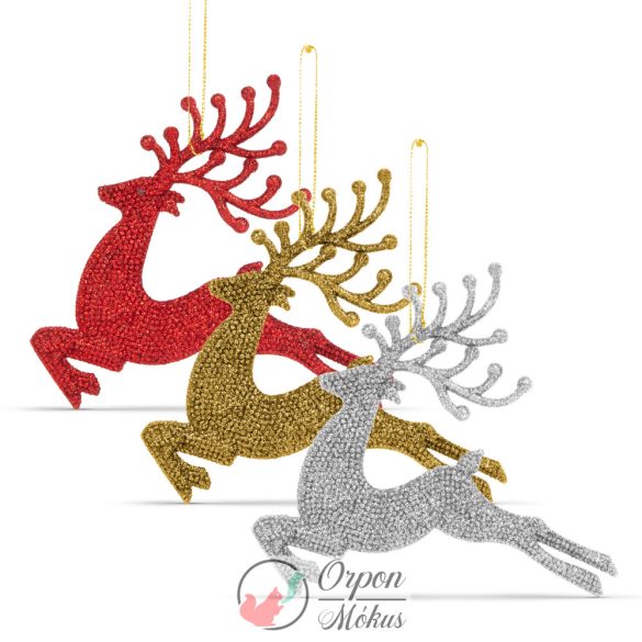 Karácsonyfadísz: glitteres rénszarvas - 12 cm - piros/arany/ezüst - 4 db / csomag