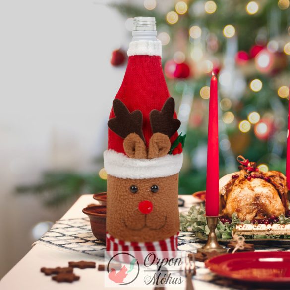 Karácsonyi italos üveg dekor: 3D rénszarvas - poliészter - 27 x 12 cm